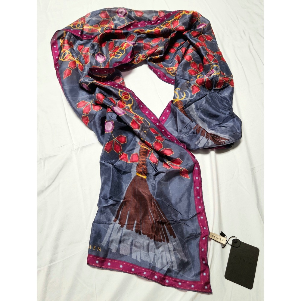 Beymen Silk Scarf Womens OS Navy Burgundy Jewel Tassel Print Made in Turkey NWT
